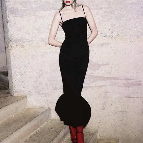 Load image into Gallery viewer, Spaghetti Strap Knit Fishtail Dress For Women Gown Black Sleeveless Backless Bodycon High Waist Sexy Long Dress Elegant
