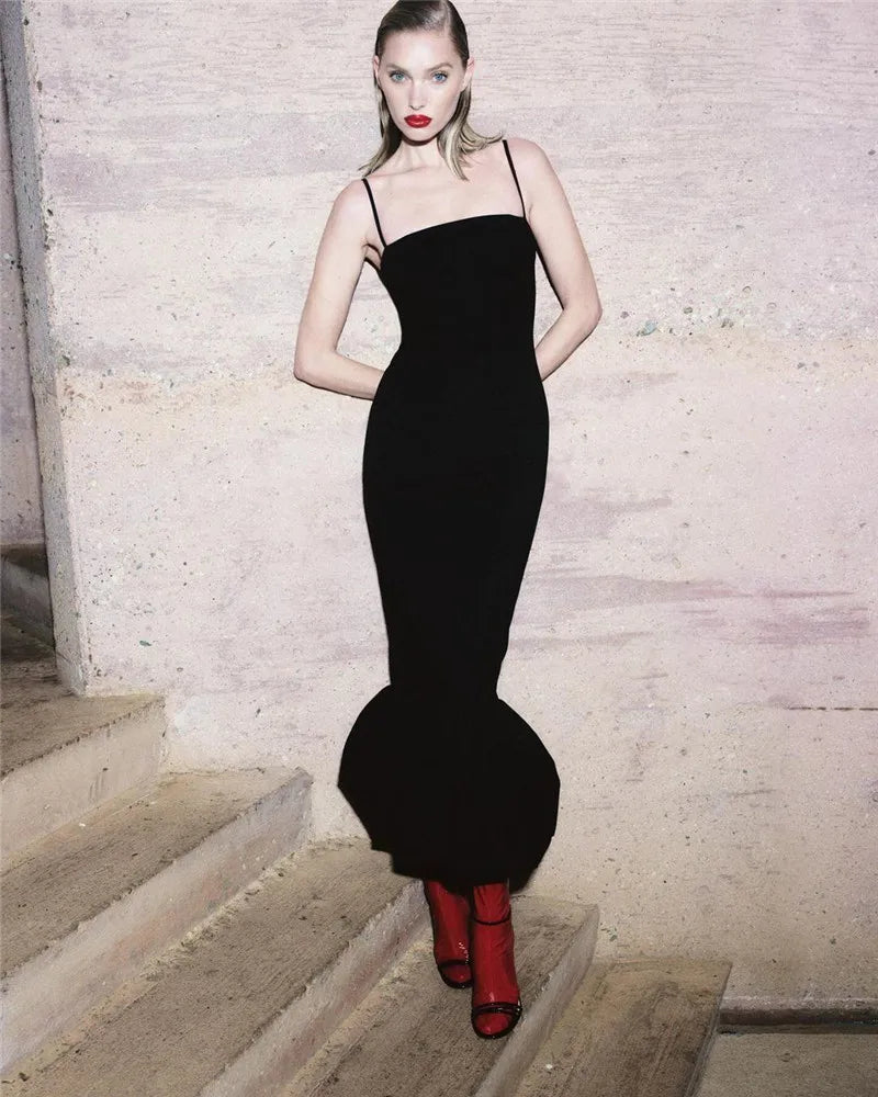 Spaghetti Strap Knit Fishtail Dress For Women Gown Black Sleeveless Backless Bodycon High Waist Sexy Long Dress Elegant