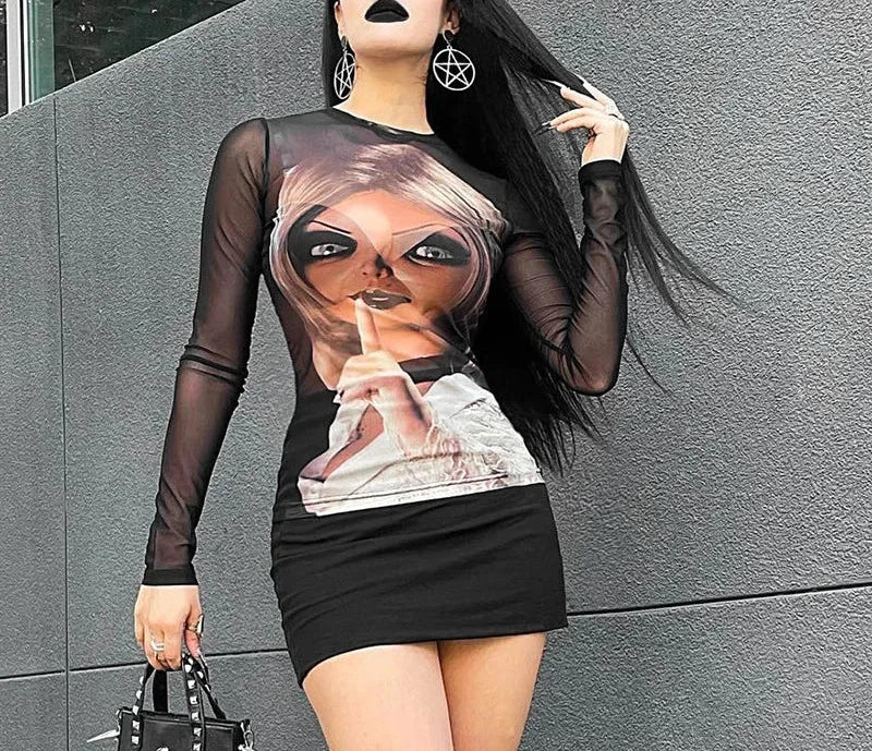 Y2k Graphic Tee Black Printed Mesh See Through Long Sleeve T Shirts Gothic Trending Tops Women 2024 Fall P85-BZ10