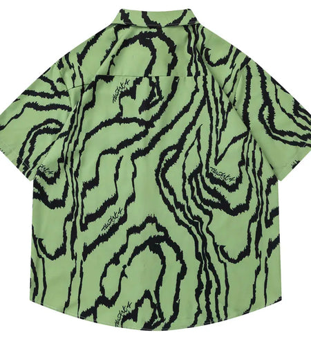 Vintage Hawaiian Shirts Irregular Stripes Graphic Printed Button Up Blouse Hip Hop Casual Baggy Short Sleeve Summer Beach Tops