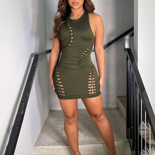 Load image into Gallery viewer, Pure Color O Neck Cut Out Sexy Ruched Crop Tank Top Mini Skirt 2 Piece Matching Sets 2023 Summer Casual Vacation Sports
