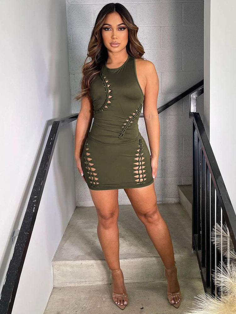 Pure Color O Neck Cut Out Sexy Ruched Crop Tank Top Mini Skirt 2 Piece Matching Sets 2023 Summer Casual Vacation Sports