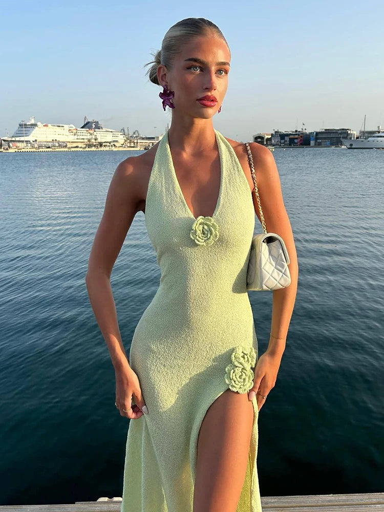 Deep V Neck High Split Maxi Dress For Women Gown Halter Flower Backless Sleeveless Bodycon Knit Long Dress Elegant