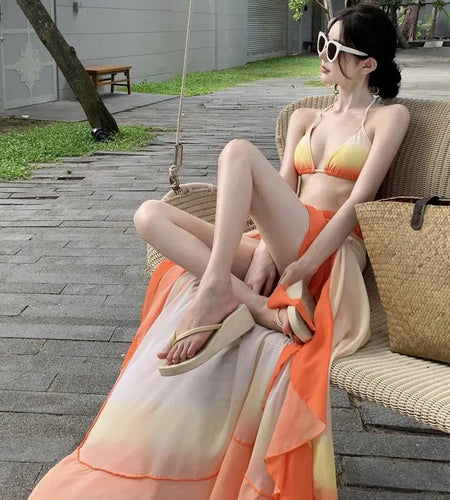 Swimsuit Women Summer Orange Gradient Halter Lace-up Bikini And Bandage Split Long Skirt Three Piece Set Sexy Beach Vacation New