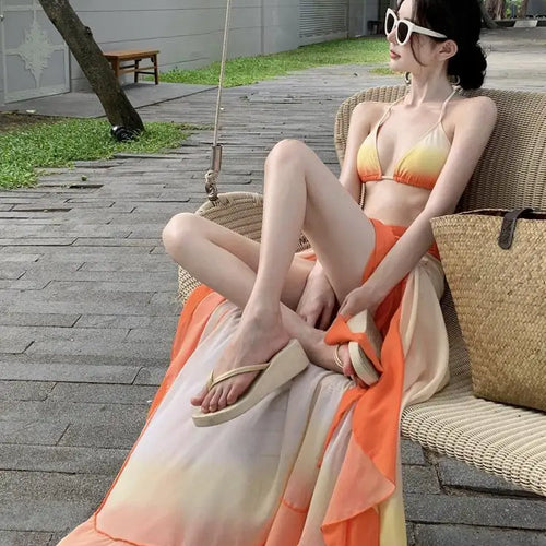 Load image into Gallery viewer, Swimsuit Women Summer Orange Gradient Halter Lace-up Bikini And Bandage Split Long Skirt Three Piece Set Sexy Beach Vacation New
