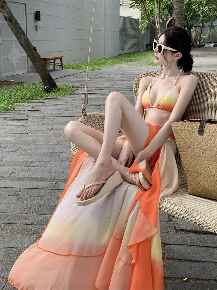 Swimsuit Women Summer Orange Gradient Halter Lace-up Bikini And Bandage Split Long Skirt Three Piece Set Sexy Beach Vacation New
