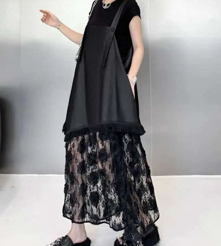 Women Black Hem Lace Denim Elegant Big Size Strap Dress New Square Collar Sleeveless Fashion Spring Autumn 2025 1DH6630