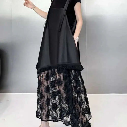 Load image into Gallery viewer, Women Black Hem Lace Denim Elegant Big Size Strap Dress New Square Collar Sleeveless Fashion Spring Autumn 2025 1DH6630

