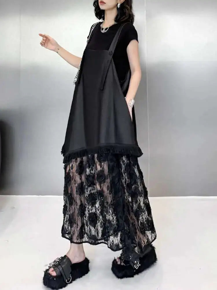 Women Black Hem Lace Denim Elegant Big Size Strap Dress New Square Collar Sleeveless Fashion Spring Autumn 2025 1DH6630