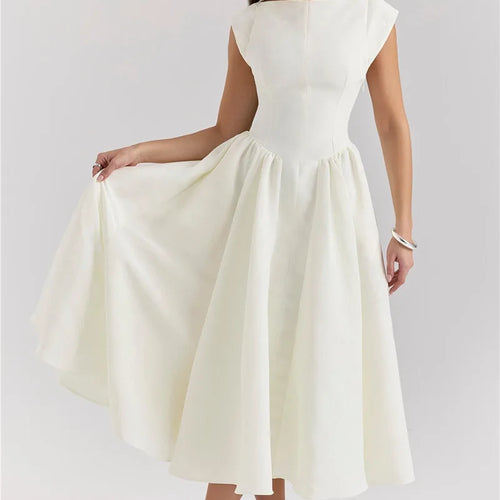 Load image into Gallery viewer, White Backless A-line Sexy Maxi Dress For Women Gown Solid Hollow Out Sleeveless High Waist Club Pleated Dress Elegant
