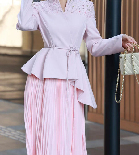 Elegant Two Piece Set For Women O Neck Long Sleeve Spliced Lace Up Top High Waist Skirts Loose Sts Female Clothes