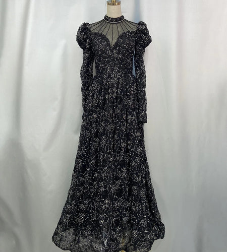 Hit Color Spliced Embroidery Elegant Dresses for Women Stand Neck Long Sleeves Sheer Patchwork Folds Dress Female