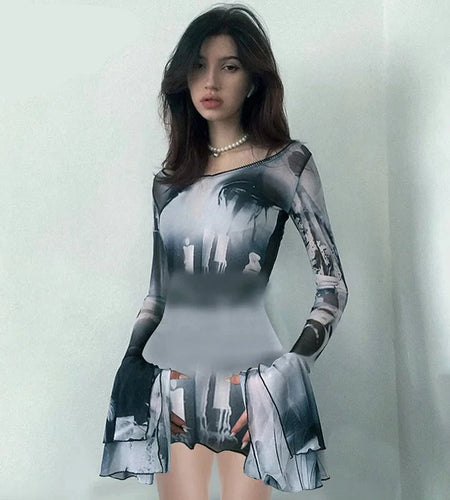 Abstract Printed Mesh Dress Transparent Flared Long Sleeve Short Dresses for Women Trashy Y2k Streetwear P85-CB15