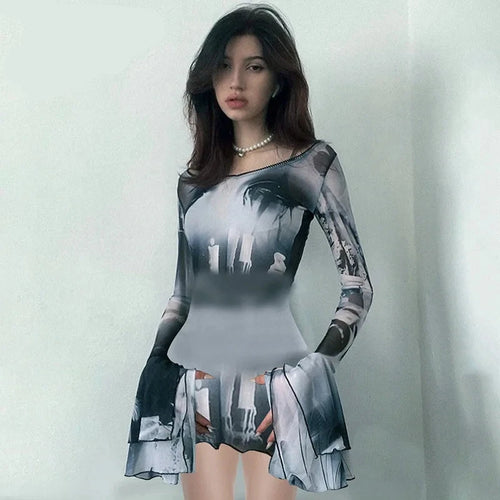 Load image into Gallery viewer, Abstract Printed Mesh Dress Transparent Flared Long Sleeve Short Dresses for Women Trashy Y2k Streetwear P85-CB15
