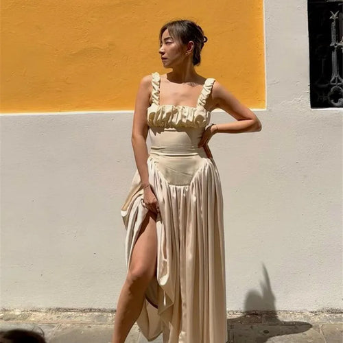 Load image into Gallery viewer, Elegant Satin Backless Midi Dress For Women High Quality Sundress Fashion Square Collar Sleeveless Loose Pleated Dress
