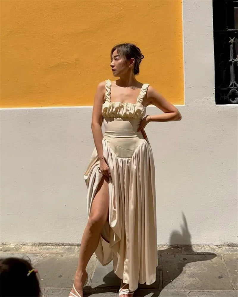 Elegant Satin Backless Midi Dress For Women High Quality Sundress Fashion Square Collar Sleeveless Loose Pleated Dress