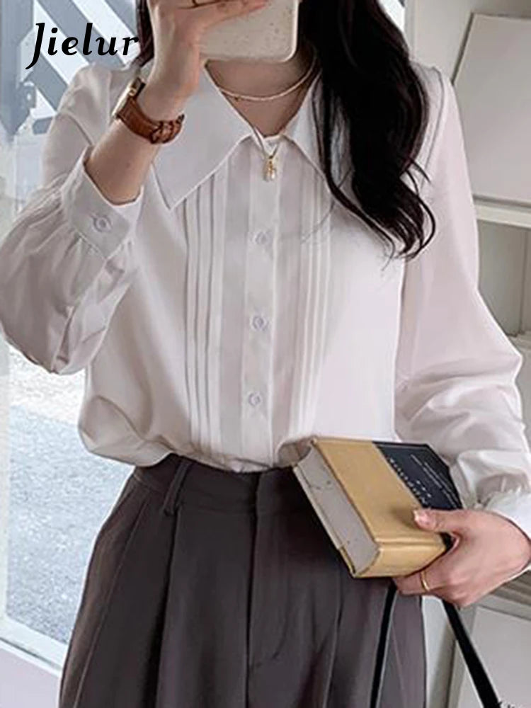 French Style White Chic Women's Shirts Office Lady Single Breasted Straight Loose Solid Color Fashion Female Streetwear