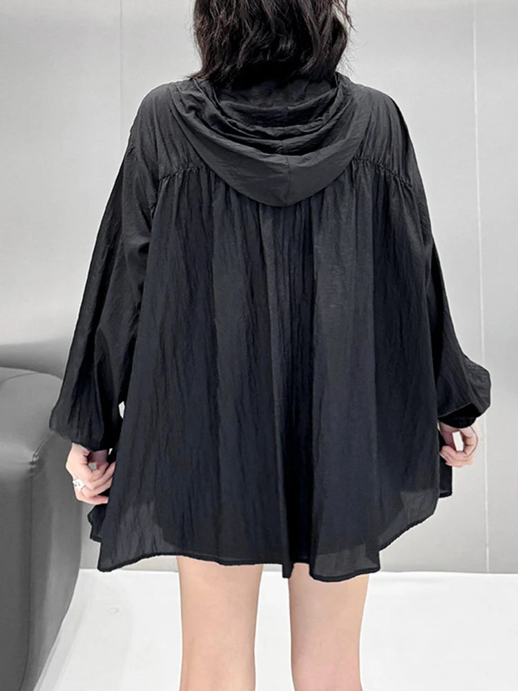 Black Pleated Thin Big Size Casual Jacket New Hooded Long Sleeve Women Coat Fashion Tide Spring Autumn 2025  1DJ1686