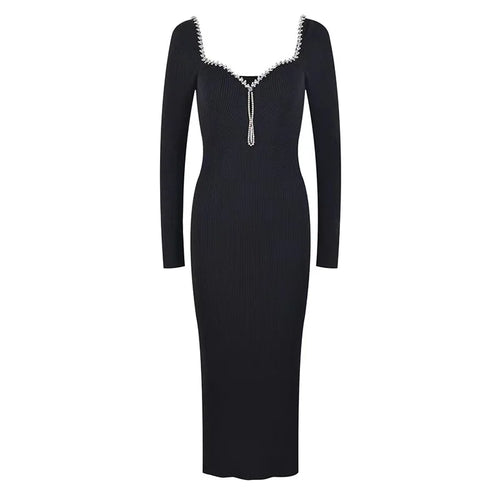 Load image into Gallery viewer, Autumn Winter Women's Solid Diamond Temperament Long Sleeved Dress French Square Neck Office Lady Knitwear Dress 2024 Simplicity
