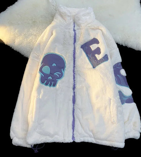 Korean Autumn Winter Women Y2k Jackets Coats 2025 Harajuku Lamb Woolen Coat Skull Embroidery Casual Loose Outwear