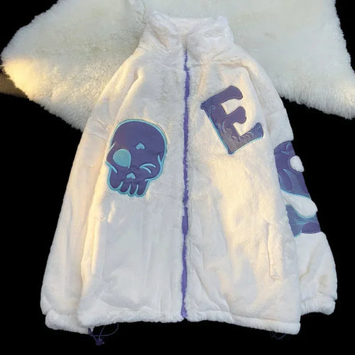 Load image into Gallery viewer, Korean Autumn Winter Women Y2k Jackets Coats 2025 Harajuku Lamb Woolen Coat Skull Embroidery Casual Loose Outwear
