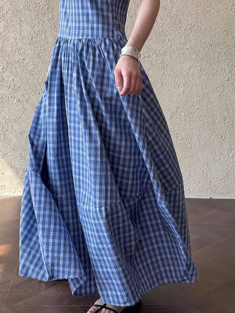 Women Dark Blue Plaid Pocket Vintage Long Elegant Vest Dress New V-Neck Sleeveless Fashion Tide Spring Summer 2025 1DJ0667