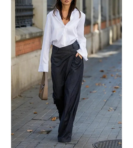Trendy Women's Suit Pants Autumn Spring Loose Wide Leg Asymmetric Solid Color Split-Joint High Waisted Formal Trousers
