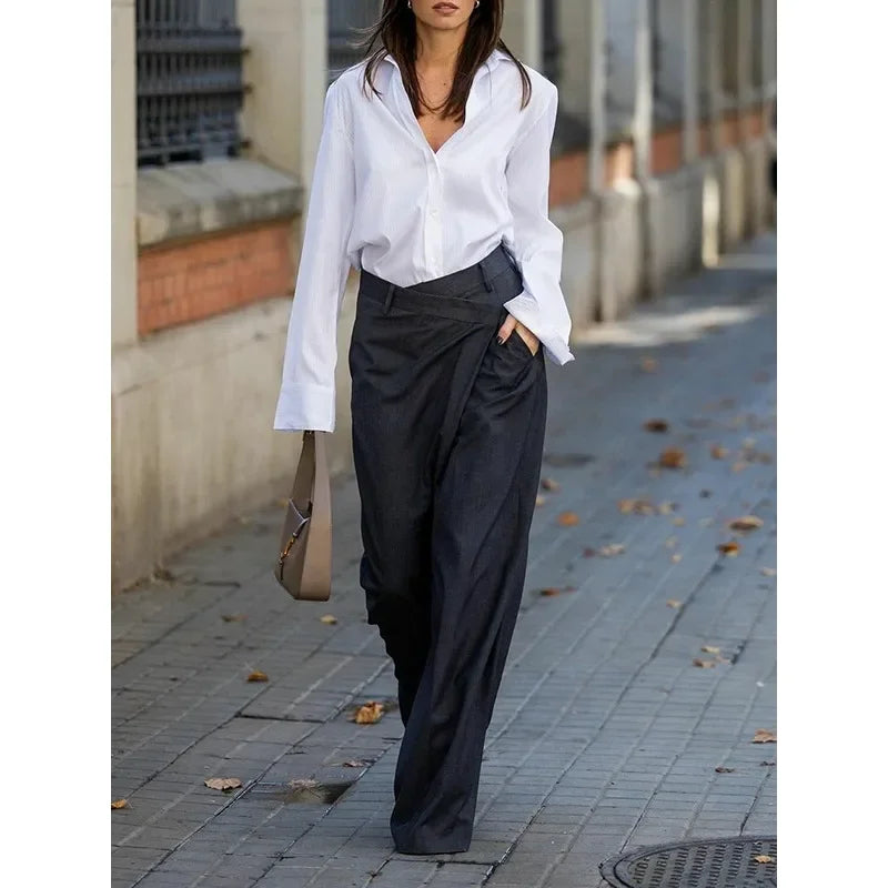 Trendy Women's Suit Pants Autumn Spring Loose Wide Leg Asymmetric Solid Color Split-Joint High Waisted Formal Trousers