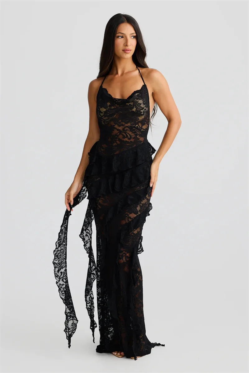 Lace Backless Sexy Maxi Dress Women Gown Halter Lace-up Sleeveless Bodycon Elegant Ruffle Beach Club Long Dress 2025
