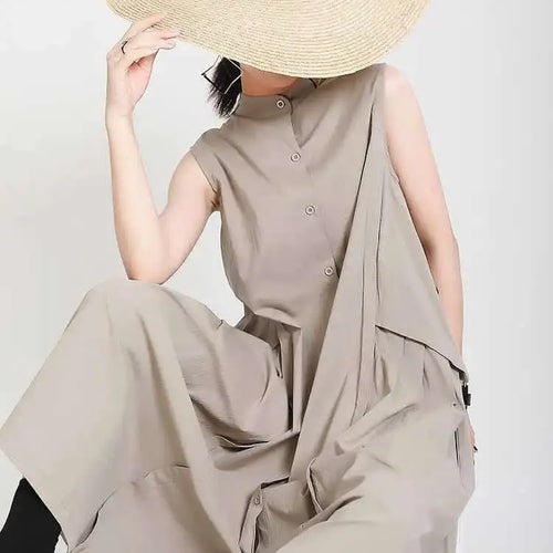 Load image into Gallery viewer, Women Khaki Split Pleated Long  Dress New Stand Collar Sleeveless Loose Fit Fashion Tide Spring Summer 2025 1Y353

