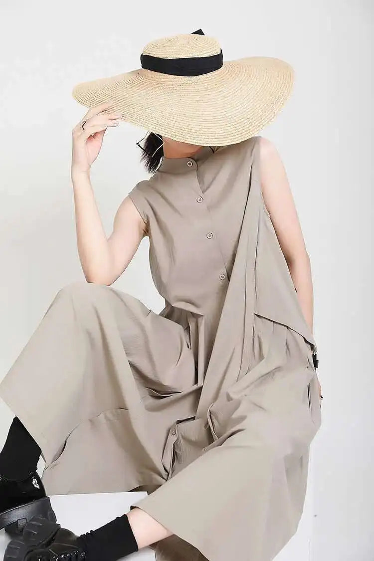 Women Khaki Split Pleated Long  Dress New Stand Collar Sleeveless Loose Fit Fashion Tide Spring Summer 2025 1Y353