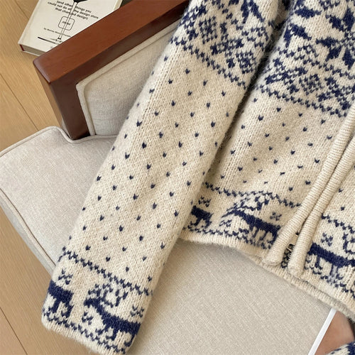 Load image into Gallery viewer, French Autumn Winter Beige Print Elegant Zipper Cardigan Short Sweater Women's Vintage 2024 New Long Sleeved Knitted Tops Trendy
