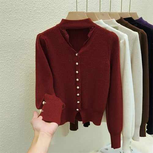 Load image into Gallery viewer, Autumn Winter Solid Lace Hollow Out Single Breasted Velvet Sweater Korean Fashion Women Warm Knitwear Long Sleeve Pullovers Tops
