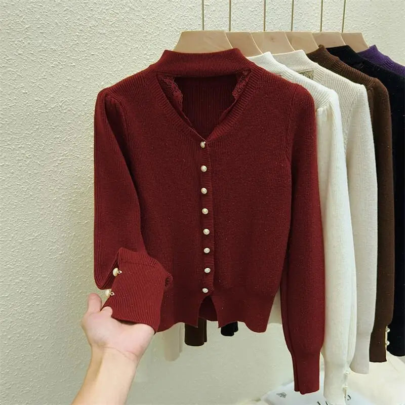 Autumn Winter Solid Lace Hollow Out Single Breasted Velvet Sweater Korean Fashion Women Warm Knitwear Long Sleeve Pullovers Tops