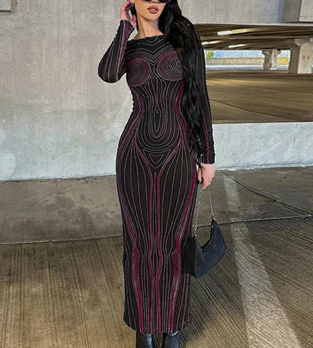 Striped Print Long Sleeve See Through Sexy Bodycon Maxi Dress 2023 Winter Women Y2K Evening Party Festival Clothes