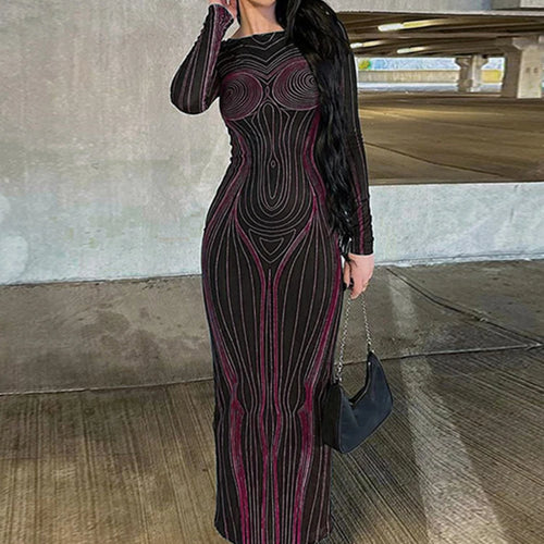 Load image into Gallery viewer, Striped Print Long Sleeve See Through Sexy Bodycon Maxi Dress 2023 Winter Women Y2K Evening Party Festival Clothes
