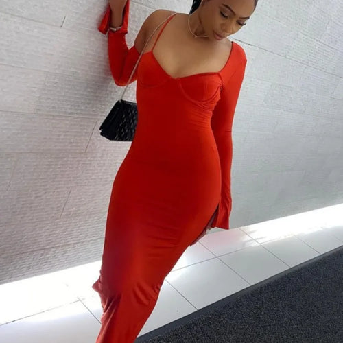 Load image into Gallery viewer, Autumn Oblique Shoulder Long Sleeve Dress For Women Sexy Wrap Hip Fit Irregular Long Dress Elegant Party Evening Dress
