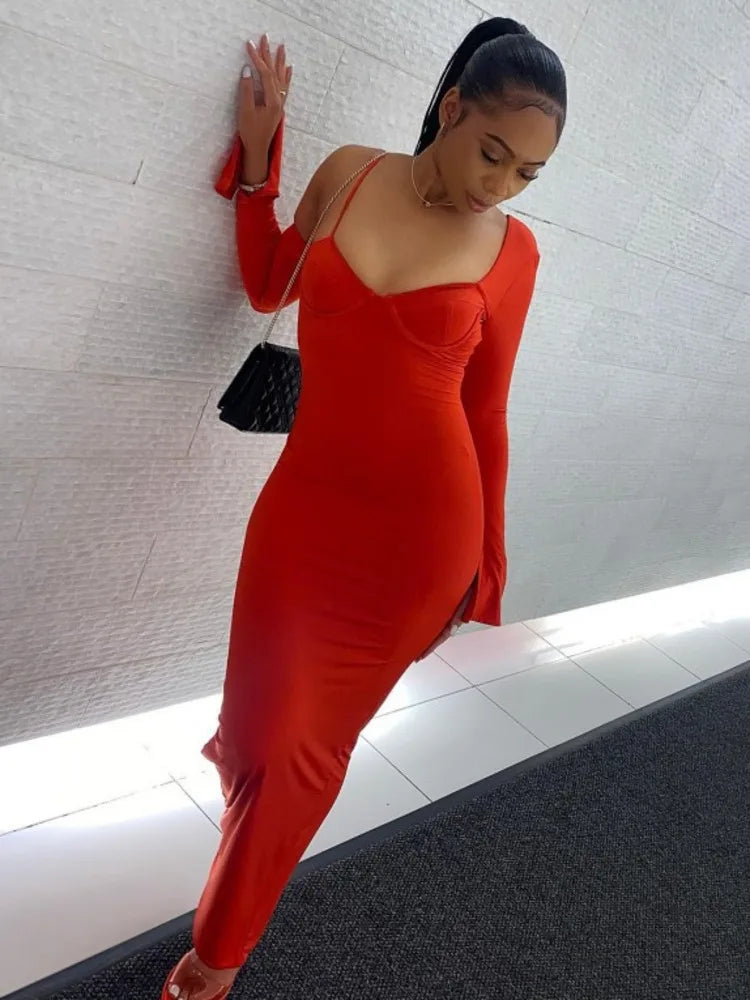 Autumn Oblique Shoulder Long Sleeve Dress For Women Sexy Wrap Hip Fit Irregular Long Dress Elegant Party Evening Dress