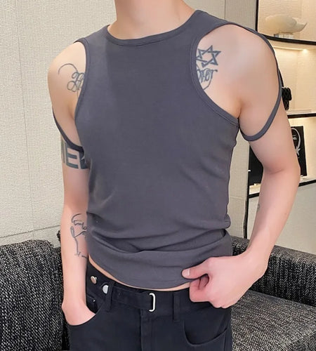 Summer Sexy Style Men's Vest Personalized Strap Design Round Neck Vests Trendy Handsome Sleeveless Top Fashion 9C5948