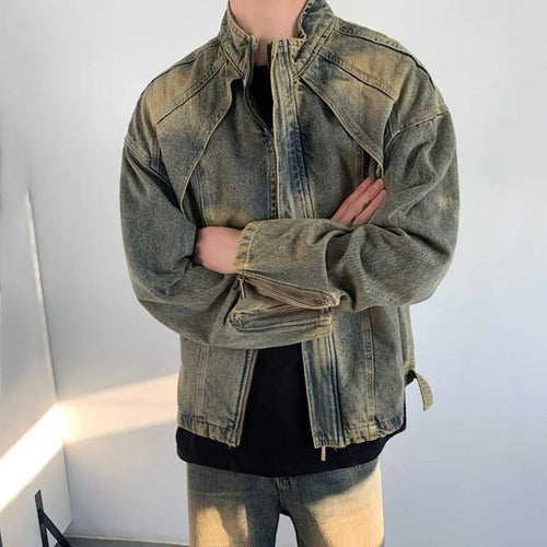 Load image into Gallery viewer, High Street Men&#39;s Denim Jackets Zipper Patchwork Casual Worn-out Washing Stand Collar Male Coats New Autumn Fashion 9C6718
