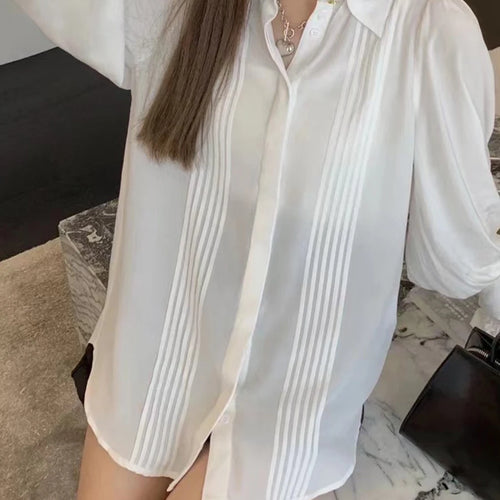 Load image into Gallery viewer, Solid Spliced Folds Fashion Shirts for Women Lapel Long Sleeves Patchwork Buttons Minimalsit Shirt Female Clothing
