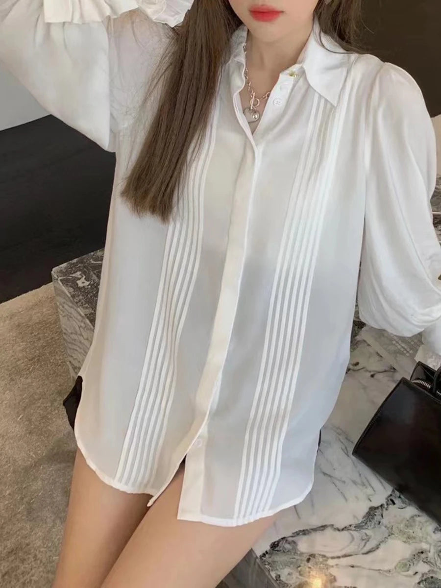 Solid Spliced Folds Fashion Shirts for Women Lapel Long Sleeves Patchwork Buttons Minimalsit Shirt Female Clothing