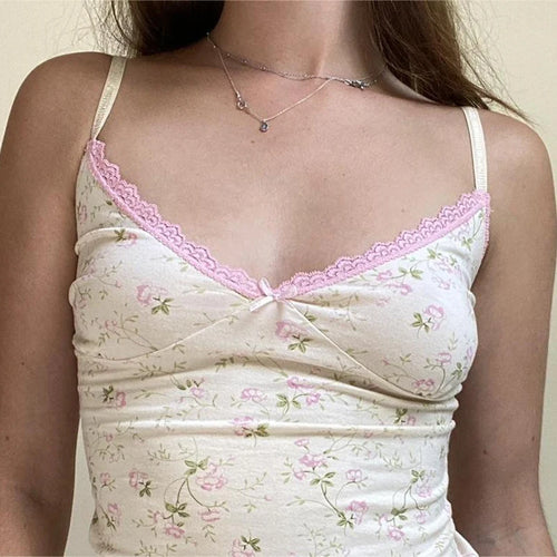 Load image into Gallery viewer, Sweet Coquette Y2K Summer Crop Tops Women Lace Trim Bow Flowers Printing Slim Camisole 2000s Aesthetic Korean Clothes
