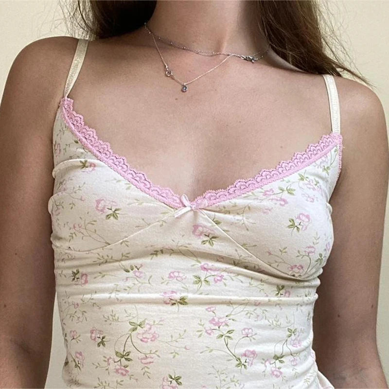 Sweet Coquette Y2K Summer Crop Tops Women Lace Trim Bow Flowers Printing Slim Camisole 2000s Aesthetic Korean Clothes