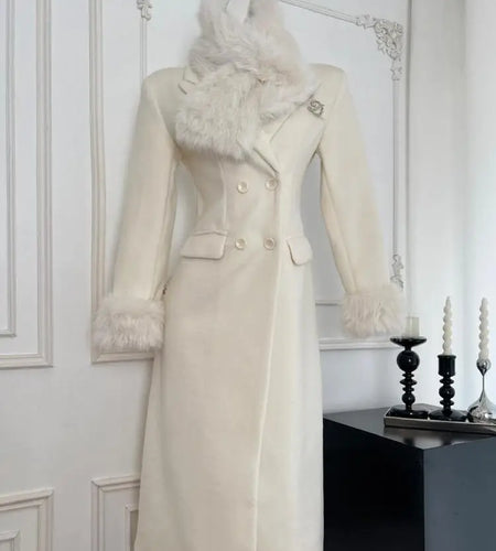 Autumn White Women's Winter Plush Double-sided Woolen Coat 2024 New Vintage Temperament Double-breasted Medium Long Jacket Trend