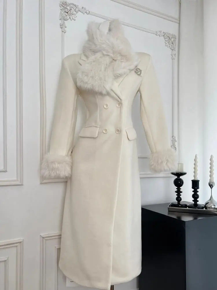 Autumn White Women's Winter Plush Double-sided Woolen Coat 2024 New Vintage Temperament Double-breasted Medium Long Jacket Trend