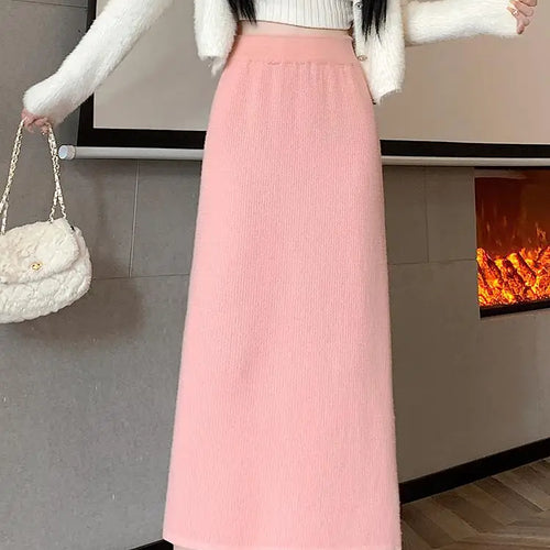 Load image into Gallery viewer, Korean Fashion Solid Velvet Elegant High Waist Festival Long Skirt Autumn Winter Women Slim Straight Knitted Half Skirt 2024 New
