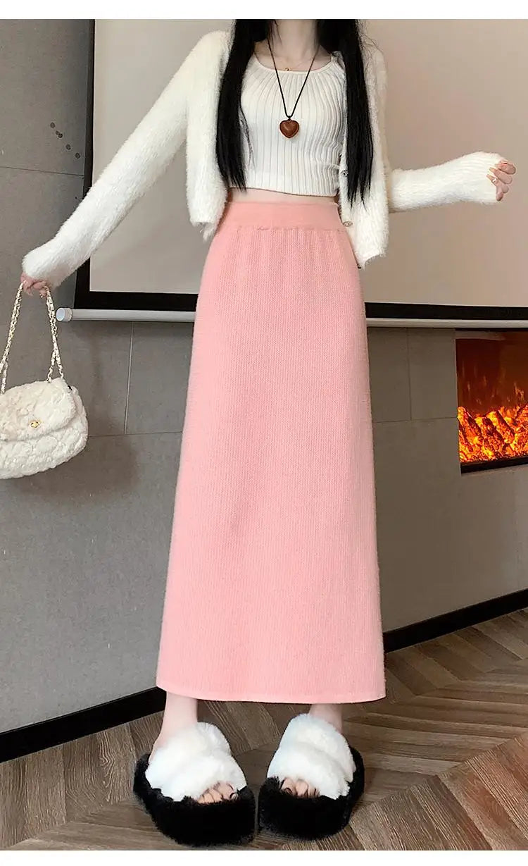 Korean Fashion Solid Velvet Elegant High Waist Festival Long Skirt Autumn Winter Women Slim Straight Knitted Half Skirt 2024 New