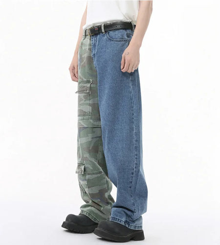 Men Jeans Niche Personalized Camouflage Splicing Two Color Fashion Multi Pockets Loose High Street Denim Pants 9W1679