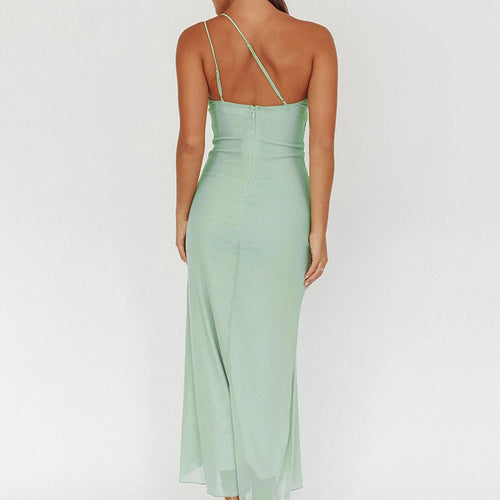 Load image into Gallery viewer, One Shoulder Draped Ruffle Maxi Dress Women Gown Fashion Diagonal Collar Backless Sleeveless Split Long Dress Elegant
